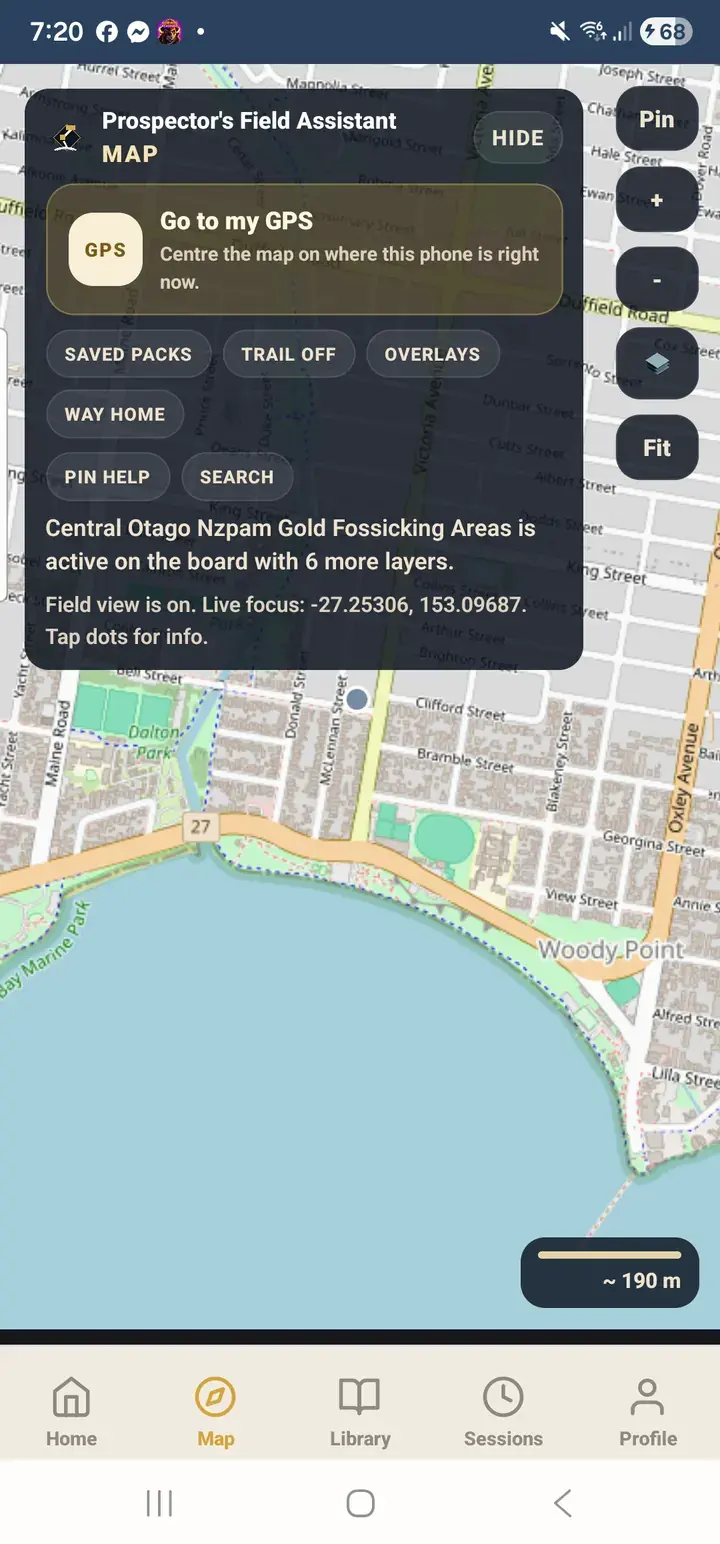 GPS, saved packs, overlays, search, and way home app screenshot